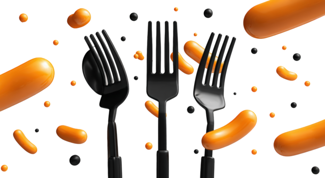 Black forks with orange sausages