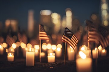 Memorial American Flags Candles Night Scene Remembrance Atmosphere. Representing Patriot Day. E Pluribus Unum