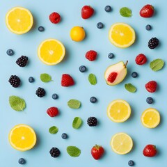 Vibrant Fruit and Mint Pattern,  Lemon, Berry, and Pear Flatlay