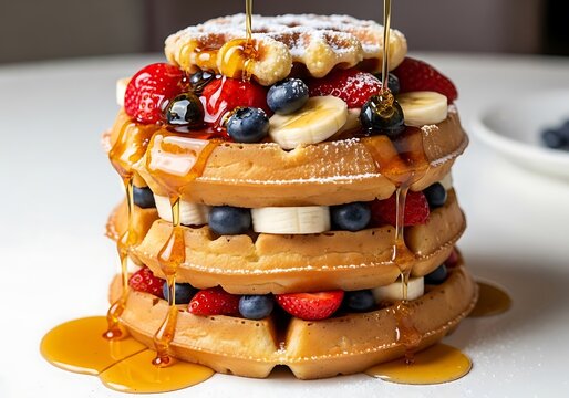 Delicious breakfast tower of fluffy golden waffles layered with fresh mixed berries, banana slices, and dripping with sweet syrup