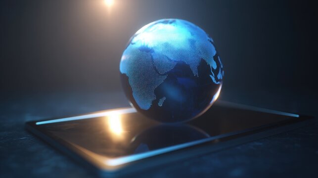 Holographic globe displayed on a tablet screen illustrating global connectivity and access to information technology