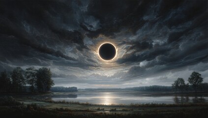 Dramatic eclipse over a tranquil lake