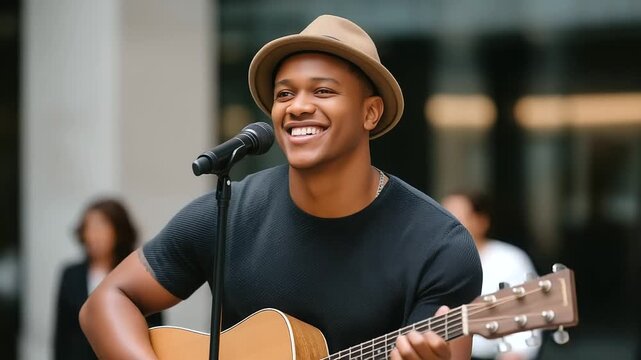 A graduate performs music at a street festival with a guitar strumming crowds dancing and food stalls sizzling rendered in a lively photo with string vibrations crowd motions