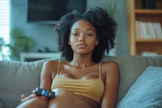 Close-up photo of a young African-American woman turning on the air conditioner with a remote control, sitting on the sofa at home, experiencing discomfort from heat, Generative AI - Powered by Adobe