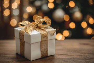White gift box with gold ribbon on a wooden surface, Christmas lights bokeh background