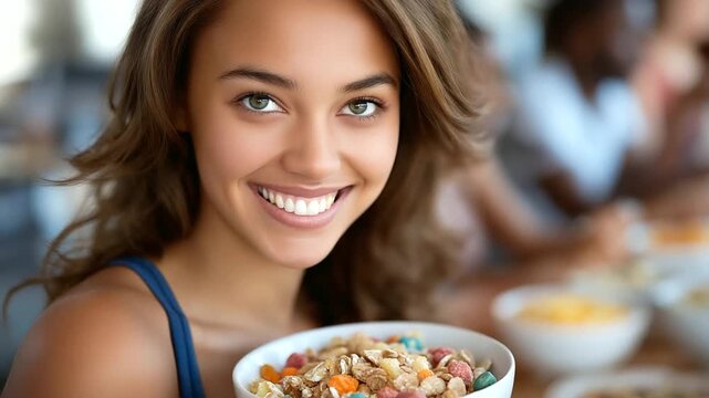 A group of roommates shares breakfast in a dorm kitchen with cereal bowls juice cartons and laughter over a shared calendar captured in a lively photo with food textures carton