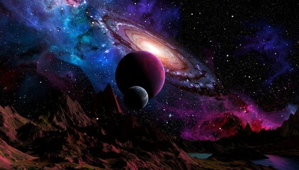 Cosmic landscape with planets and nebulae
