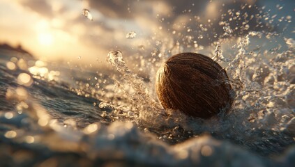 Coconut splashing in the ocean at sunset