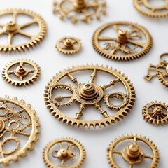 Gold gears, meticulously arranged