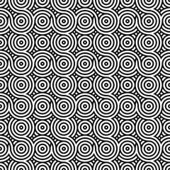 Abstract seamless pattern of interlocking circles, creating a visually intriguing and repetitive design in black and white.