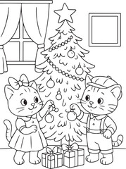 Charming kittens in vintage outfits celebrate Christmas and winter. Coloring pages include skating, fireplace, Santa letters, wreaths, gifts. Perfect black and white festive illustrations for kids.