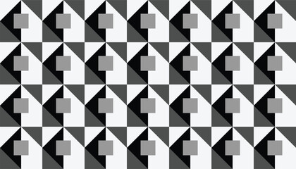 Seamless black and white geometric pattern with squares and triangles creating a 3D optical illusion effect