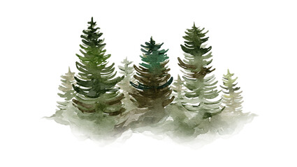 Hand-painted watercolor illustration of a serene evergreen forest. An artistic depiction of pine trees with a misty, foggy ambiance