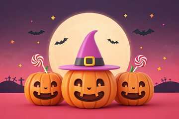Cartoon Halloween Scene with Pumpkins, Witch Hat, Lollipops, Moon, and Bats for Festive Greetings and Seasonal Fun