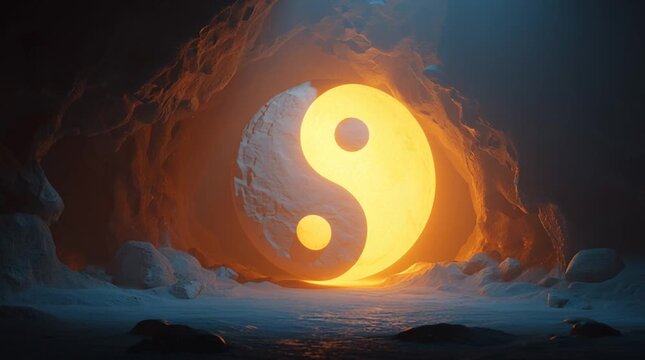 Illuminated Yin Yang: A radiant Yin Yang symbol bathed in a warm, ethereal glow against a backdrop of a cavern. Evokes a sense of balance, harmony, and spiritual awakening.