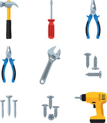 A diverse collection of essential hand tools and fasteners, including a hammer, screwdriver, and pliers, is neatly arranged for construction and home repair projects.