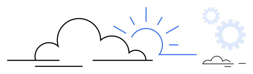 Minimalistic clouds with a sun rising above, radiating blue rays, accompanied by faint gear outlines. Ideal for technology, innovation, new ideas, change, progress morning strategy. Simple flat