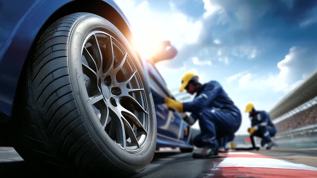 A pit crew swaps tires in a high stakes race at a sun scorched track with lug nuts flying air guns buzzing sweat beading on foreheads and a roaring crowd in the bleachers capt