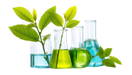 Lab glassware with green leaves