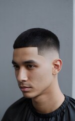 Fototapeta premium Fresh Cut: A stylish close-up of a man with a neat and clean haircut. The photo accentuates the fine lines and precision of the cut, offering a modern and sleek appearance. 