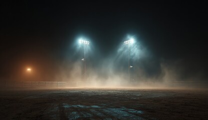 Night sports field, spotlights illuminating dust