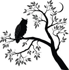 Fototapeta premium Majestic owl perched on a branch silhouette flat vector icon