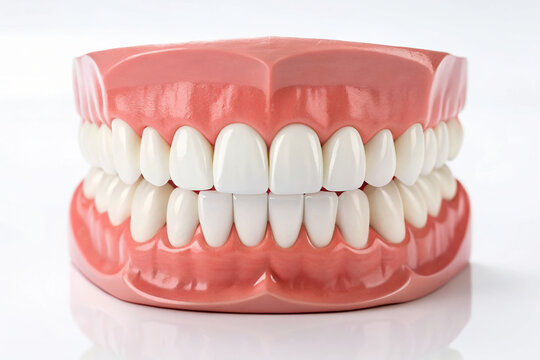 Complete Set of Dentures A Full Arch of Artificial Teeth Displayed on a Model Emphasizing Dental Prosthetics and Restoration - Powered by Adobe