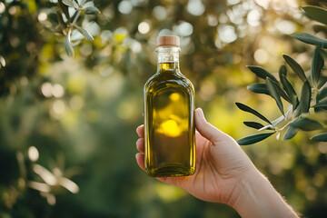 Generative AI image of fresh olive oil being poured over harvested olives during traditional oil production