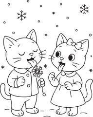 Charming kittens in vintage outfits celebrate Christmas and winter. Coloring pages include skating, fireplace, Santa letters, wreaths, gifts. Perfect black and white festive illustrations for kids.