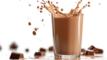 A glass of chocolate milk with chocolate chips on the table