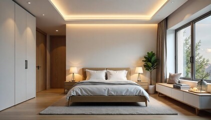 Obraz premium Modern minimalist bedroom with recessed ceiling lights creating a soft, ambient glow Perfect for interior design, home decor, and architecture projects , space, minimalist bedroom, sophisticated