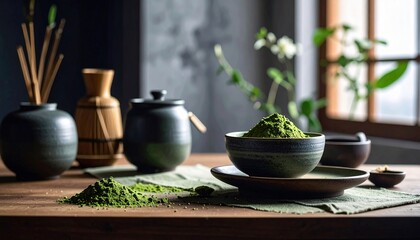 Green matcha tea powder in a ceramic bowl alongside traditional Japanese tea ceremony utensils on a rustic wooden table
