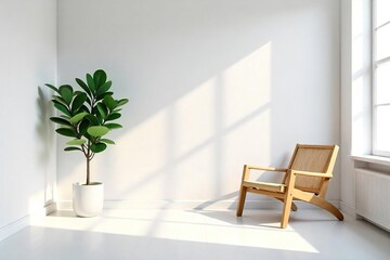 Clean white room with simple wooden furniture and a single potted plant, embodying minimalist interior design Natural light streams through a large window , minimalism, airy, japanese