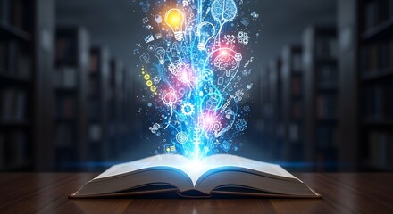 A radiant open book unleashes a stream of ethereal symbols, illustrating the transformative impact of knowledge, education, and the captivating essence of inspiration within a scholarly environment