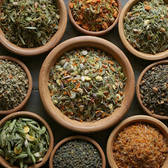 Fototapeta premium Colorful Dried Herbs in Small Bowls Top View