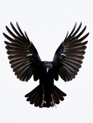 Obraz premium A striking black bird with outstretched wings flies through the air against a soft light background. The wings are fully extended, showcasing the bird's powerful physique and majestic presence