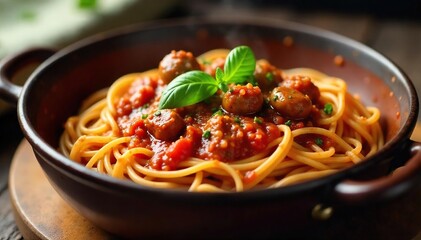 Rich, savory sausage spaghetti sauce simmering in a rustic pot, ready to be served over pasta Perfect for a cozy autumn or winter meal , traditional, homemade