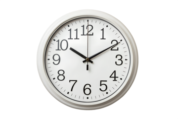 Round wall clock with visible hour and minute hands, isolated on white background.