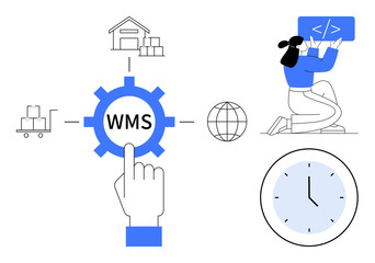 Gear with WMS label, warehouse, cart, world globe, clock, hand clicking icon, developer coding. Ideal for logistics, automation software supply chain time management global access simple landing