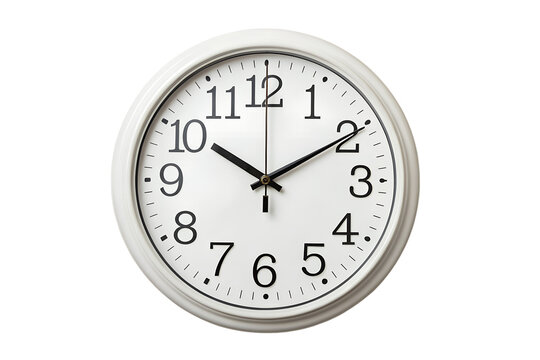 Round wall clock with visible hour and minute hands, isolated on white background.