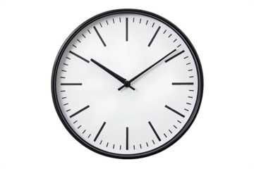 Round wall clock with visible hour and minute hands, isolated on white background.