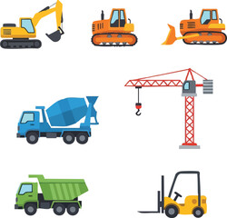 Vibrant collection of essential construction vehicles, including excavators, bulldozers, cranes, and trucks, depicted in a clean, isolated vector illustration.