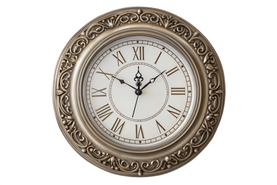 Round wall clock with visible hour and minute hands, isolated on white background.