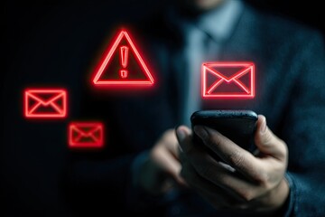 Person holding phone with glowing red warning symbols of emails