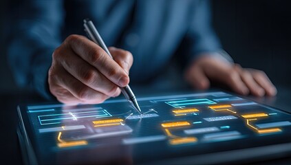 Close-up of a person using a digital tablet, creating flow charts