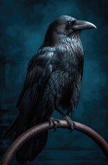Dark raven perched on a rusty metal bar against a deep teal background