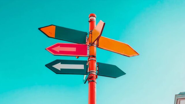 Brightly colored directional signpost with multiple arrow signs against a vibrant blue sky, indicating various paths and choices for a journey