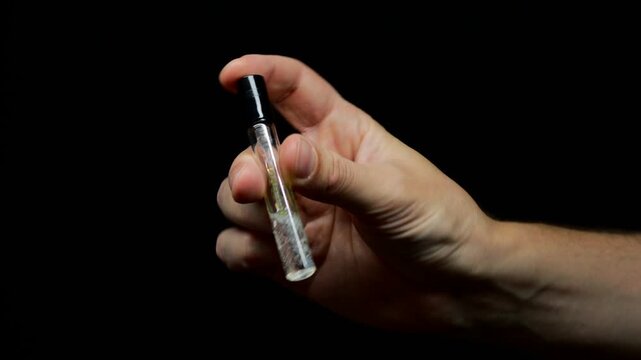 Mini bottle of perfume to take with you.
Convenient mini container with perfume in a person's hands.
A man uses perfume from a small glass bottle.
Trever version of perfume