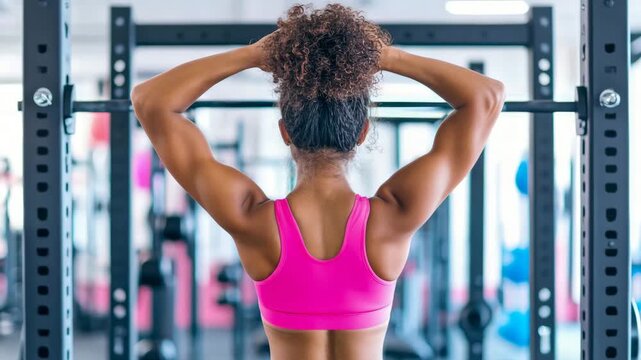 Strong, active woman in a vibrant pink top confidently gathers her curly hair at an indoor health club