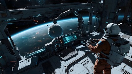 Astronaut operating controls inside a futuristic spacecraft with Earth and moon in the background